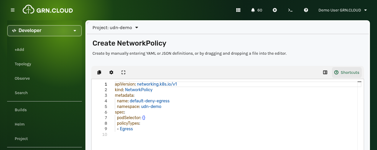 NetworkPolicy creation form