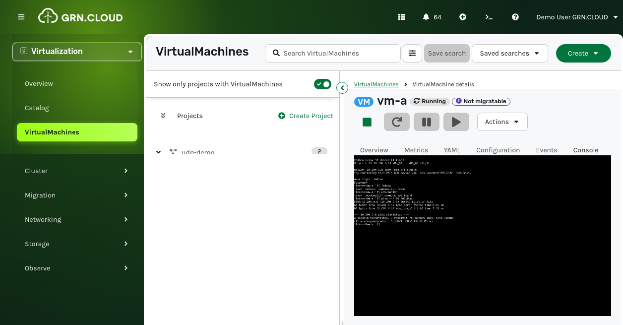 vm-a console showing successful ping to vm-b