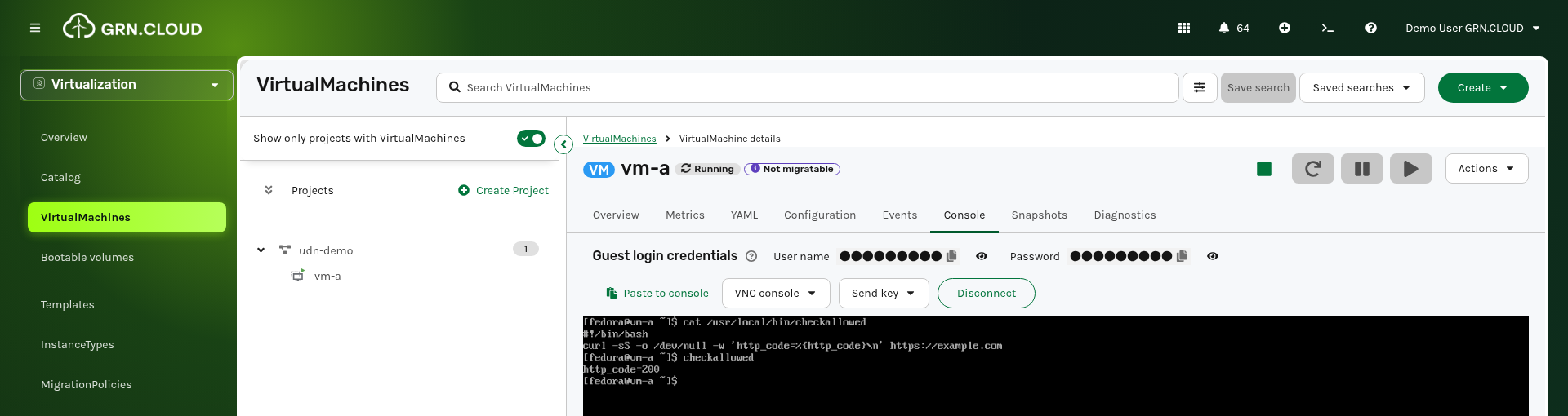 vm-a console showing allowed HTTPS egress