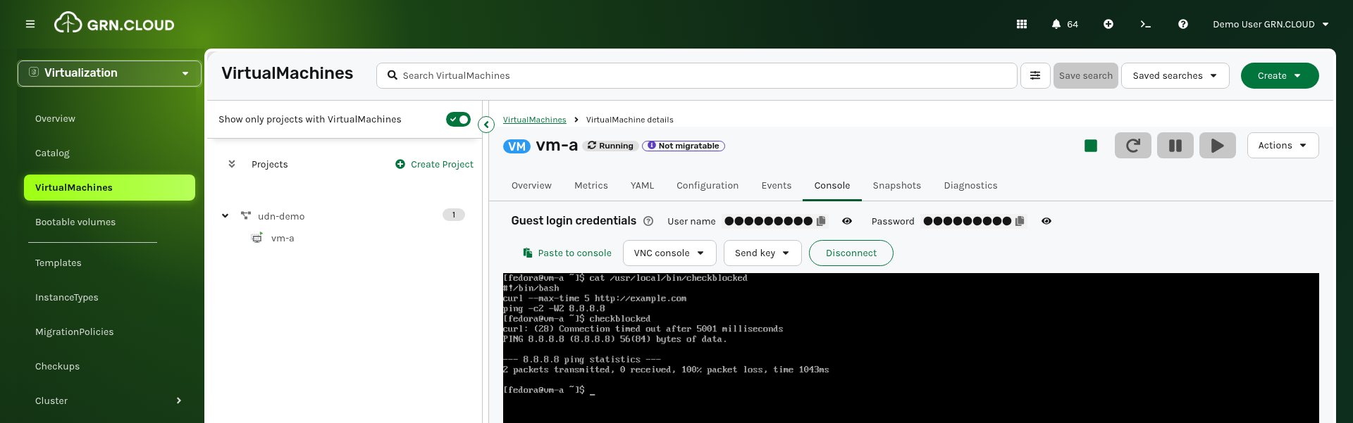 vm-a console showing blocked HTTP and ICMP egress